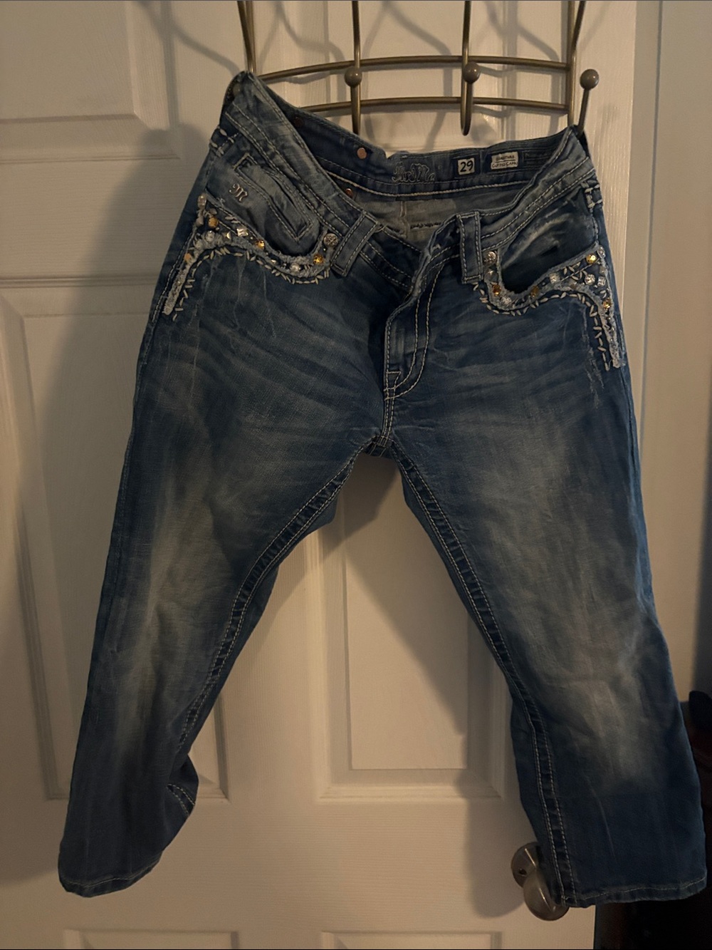 Miss Me Distressed Blue Rhinestone Trim Relaxed Shorts